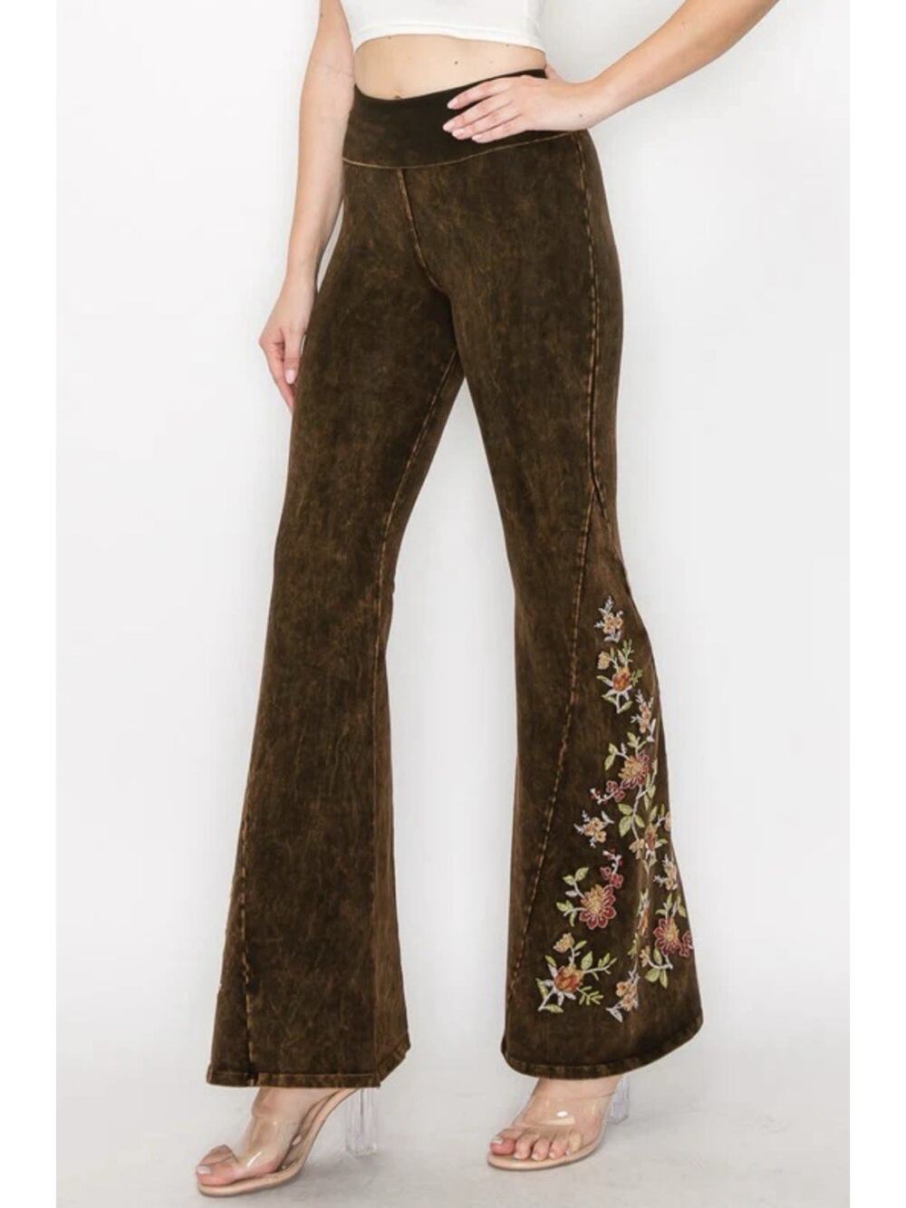 T-Party Floral Embroidered Wide Leg Yoga Pants Brown Sz S